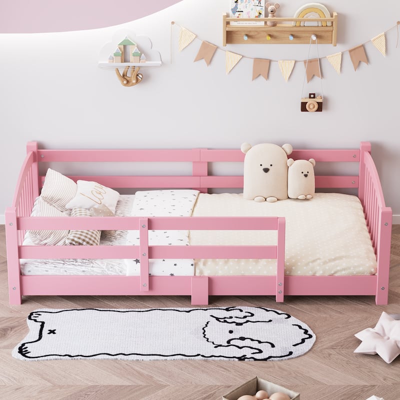 Solid Wood Floor Bed Montessori Bed with Safety Guardrails Without Door