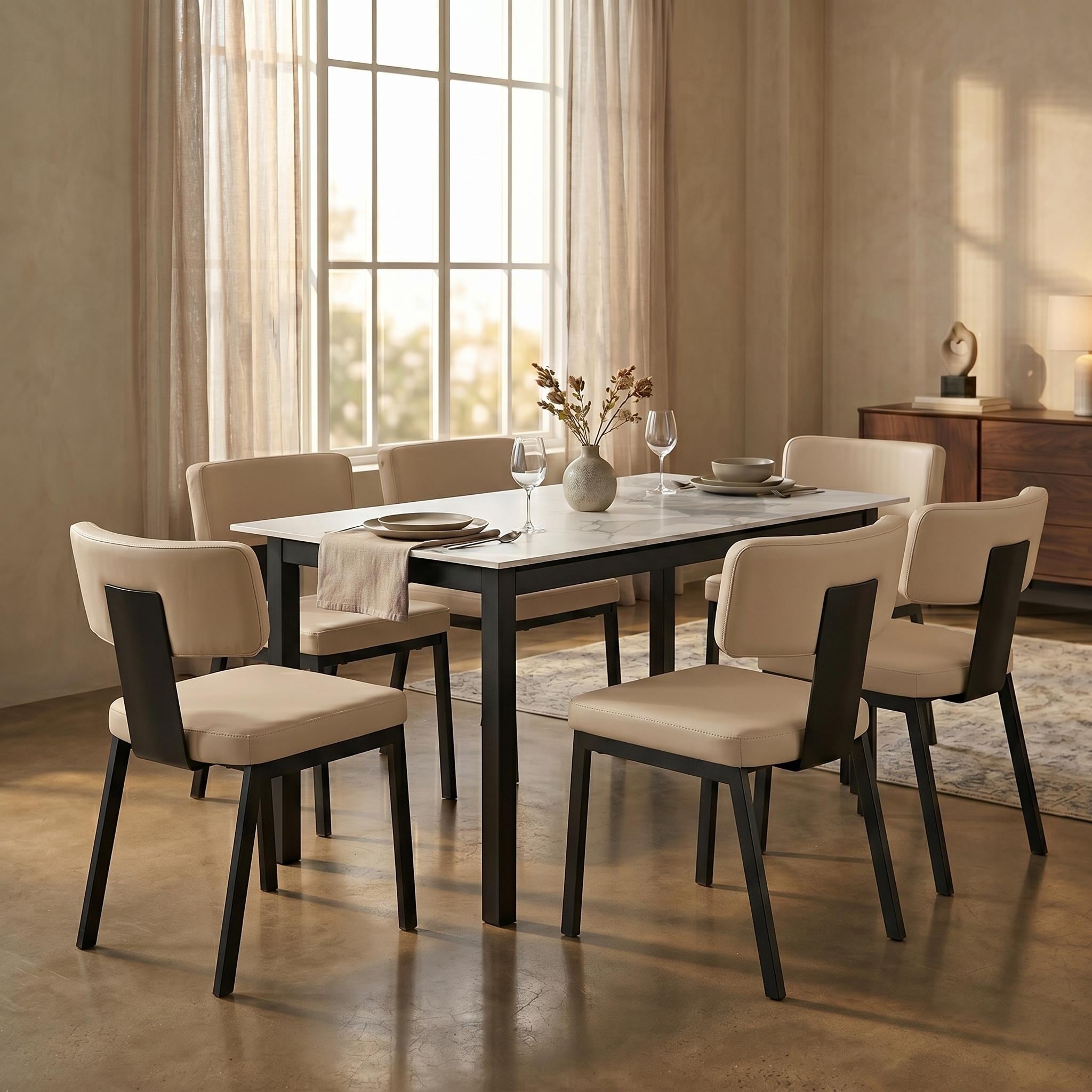 Teres Mid-Century Leather Upholstered Dining Chair, Ergonomic Curved Back Accent Kitchen Chair with Steel Frame legs