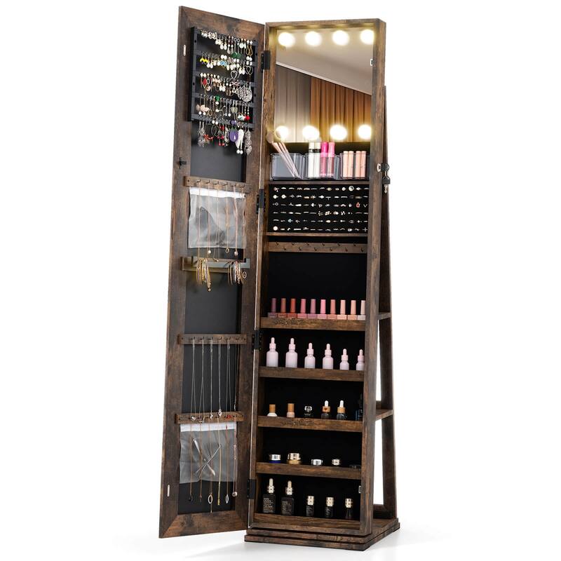Costway 360° Swivel Jewelry Cabinet with Lighted Full Length Mirror & - See Details