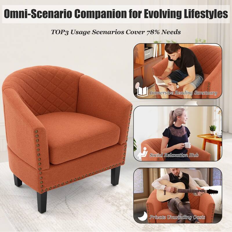 HOMEFUN Leather Upholstered Nailhead Wooden Frame Barrel Club Chair with Solid Woood Legs