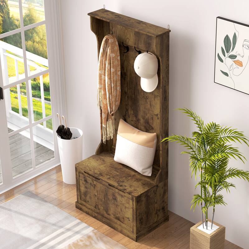 Multifunctional Hall Tree with Storage Bench, Coat Hooks & Shoe Storage MDF Wood Steel Hardware - 28.25" W x 15.5" D x 67" H