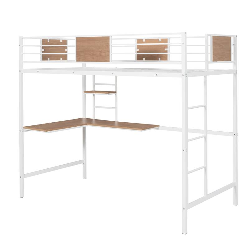 White Twin Metal Loft Bed with Integrated Desk and Shelves