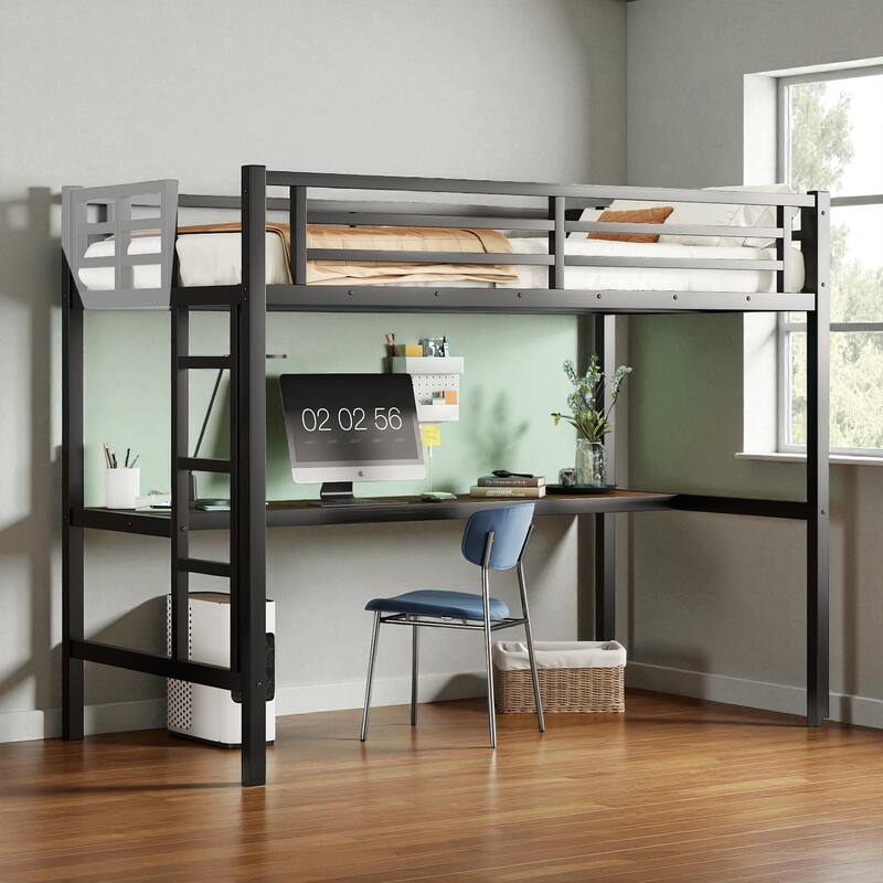 Metal Twin/Twin XL Loft Bed with Desk, Power Outlet & LED Lights, Space-Saving Noise-Free Frame for Study or Gaming Area