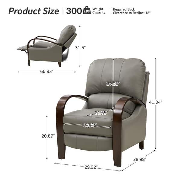 dimension image slide 6 of 14, Alex Mid-century Modern Genuine Leather Manual Recliner with Wooden Curved Arms