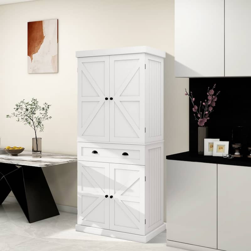 71.4'H White Kitchen Pantry Storage Cabinet With 4 Doors - White
