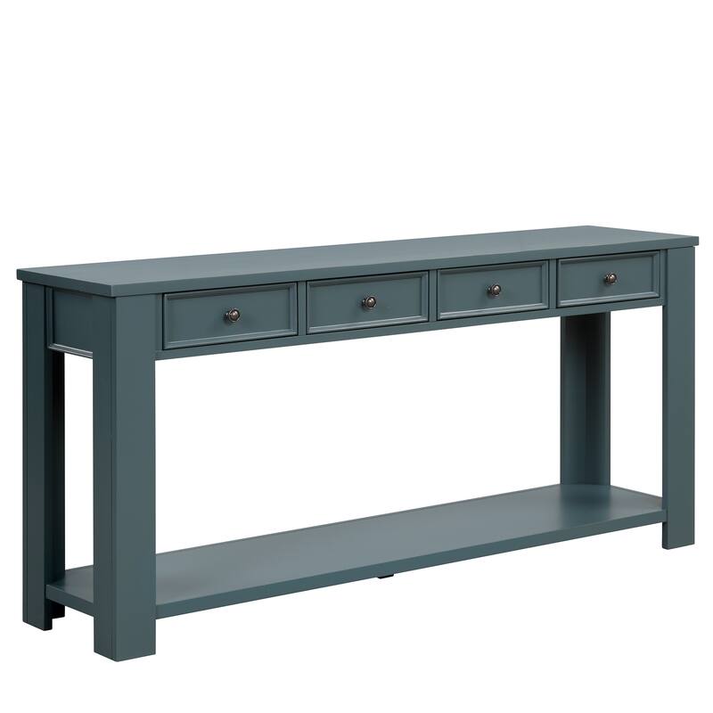 Pine Wood Console Table with 4 Drawers and Bottom Shelf for Entryway Hallway