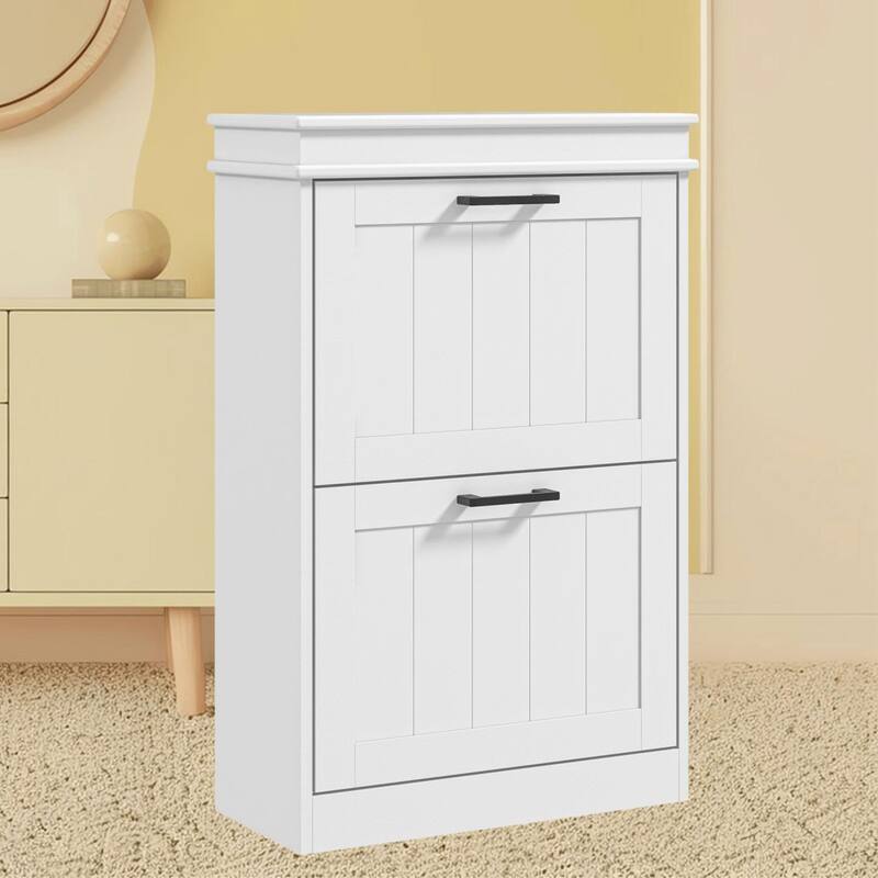 Freestanding Narrow Shoe Rack Organizer Cabinet with Adjustable Shelves, Holds 10 Pairs, for Entryway, Mudroom Organizer - White