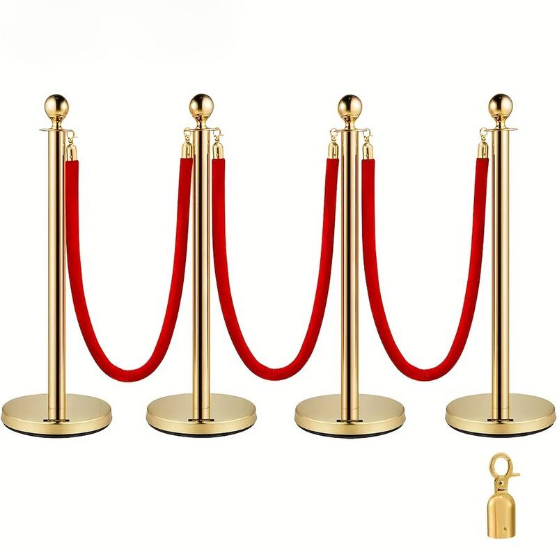 Velvet Ropes and Posts, 5 ft/1.5 m Red Rope, Stainless Steel Gold Stanchion with Ball Top - Gold