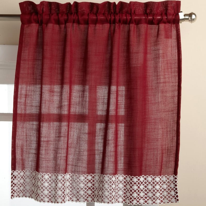 Burgundy Country Style Curtain Parts with White Daisy Lace Accent- Tier, Swag and Valances - 36" Tier Pair
