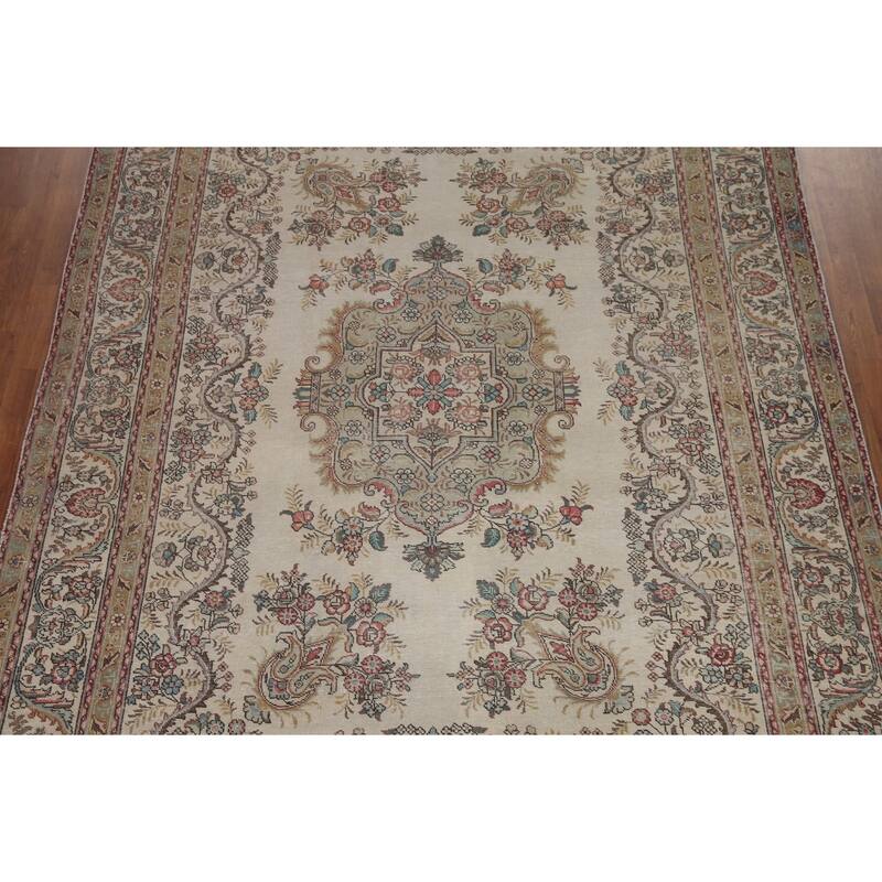 Hand Knotted Oriental 100% Wool Carpet Traditional Medallion Beige & Ivories Tabriz Area Rug - 11' 7'' X 8' 3''