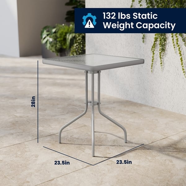 dimension image slide 2 of 3, 23.5" Square Glass Metal Table with 2 Metal Aluminum Slat Stack Chairs