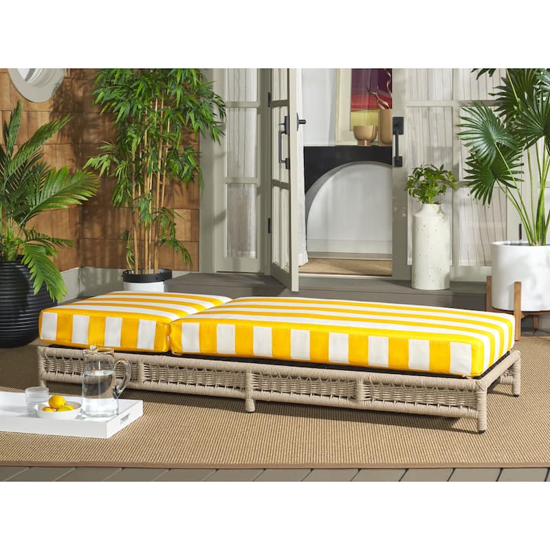 SAFAVIEH Outdoor Living Callan Lounger - 75"W x 26"D x 13"H - Heather Tan/Yellow Stripe