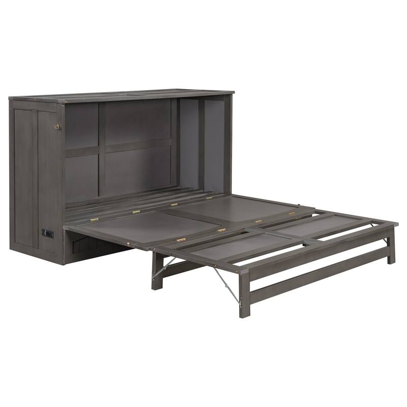 Queen Size Murphy Bed with Built-In Charging Station and Storage Drawer, Antique Gray Finish