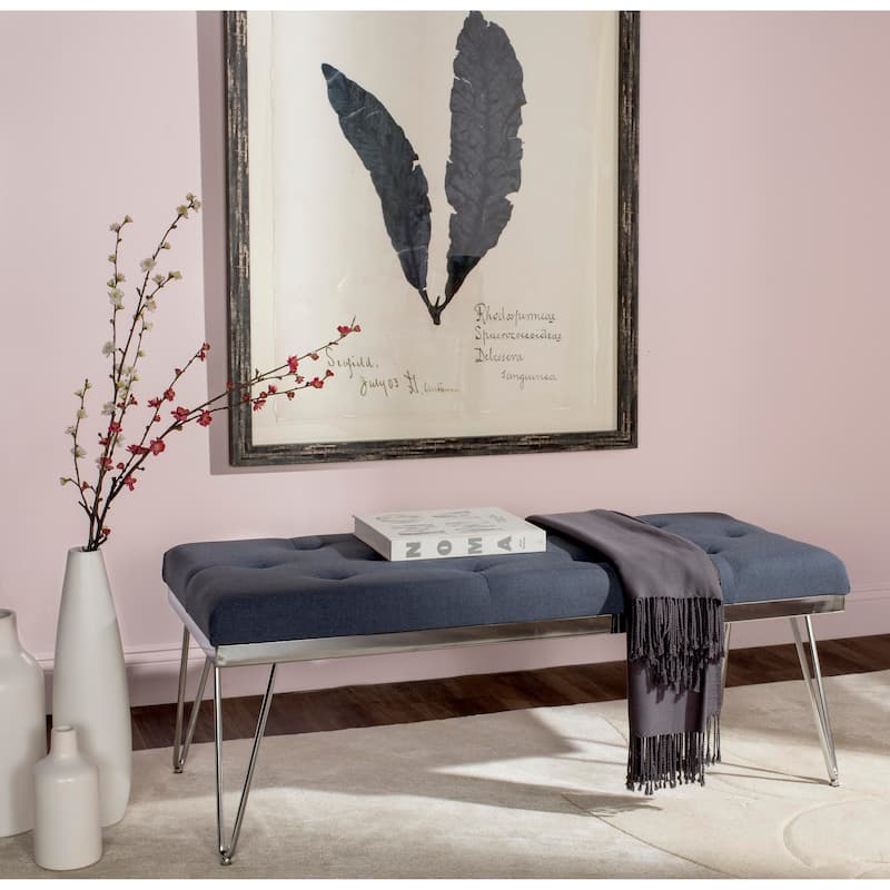 SAFAVIEH Pusa Bench - 46.8" x 19.3" x 18" - 47Wx19Dx18H - Navy/Chrome