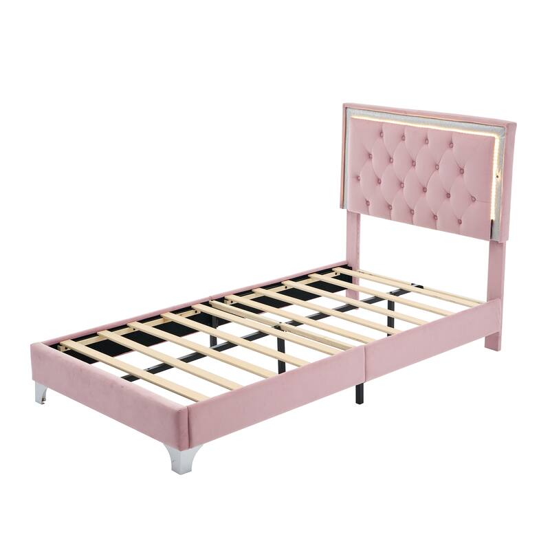 Velvet Upholstered Platform Bed, LED Tufted Headboard Bed Frame, Control Buttons on Both Sides, Wood Slat Panel Bed