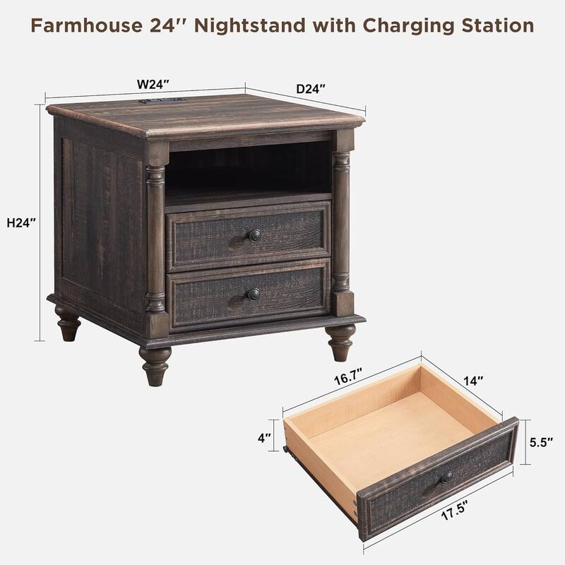 Farmhouse End Table, Sofa Side Table with Charging Station, Nightstand