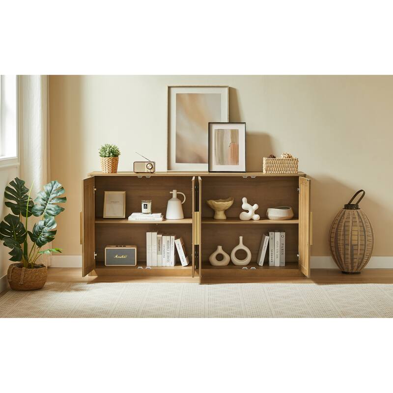 67"Rattan 4-Door Buffet Cabinet, Large Credenza Sideboard Buffet for Living Room, Hallway and Kitchen, 67"W x 15.75"D x 31.5"H