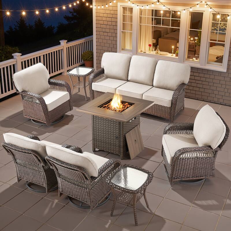 Pocassy Outdoor Sofa Ottoman Swivel Chair Table with Fire Table Funiture Set. - Brown Wicker Beige Cushion - 8-Piece Sofa Swivel Chair Table w/ Fie Pit Table