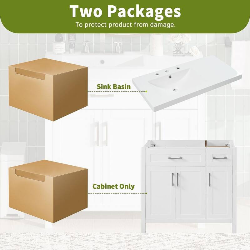 36" Bathroom Vanity Cabinet with Resin Integrated Sink - 2 Drawers, 3 Doors