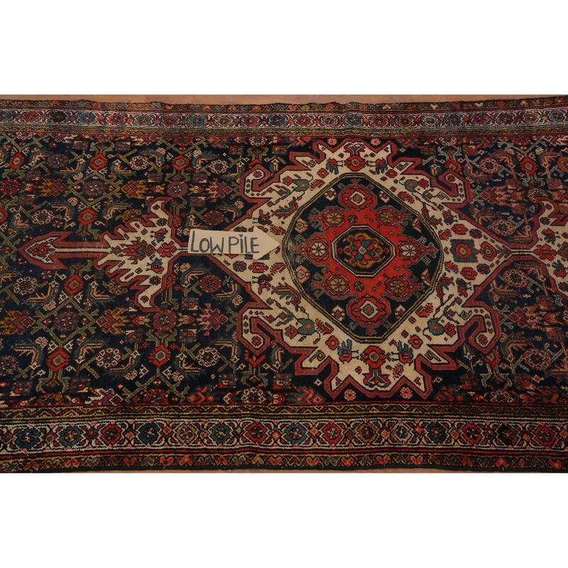 Hand Knotted Oriental 100% Wool Carpet Traditional Geometric Navy Blue & Blues Bibikabad Runner Rug - 13' 4'' X 3' 5''