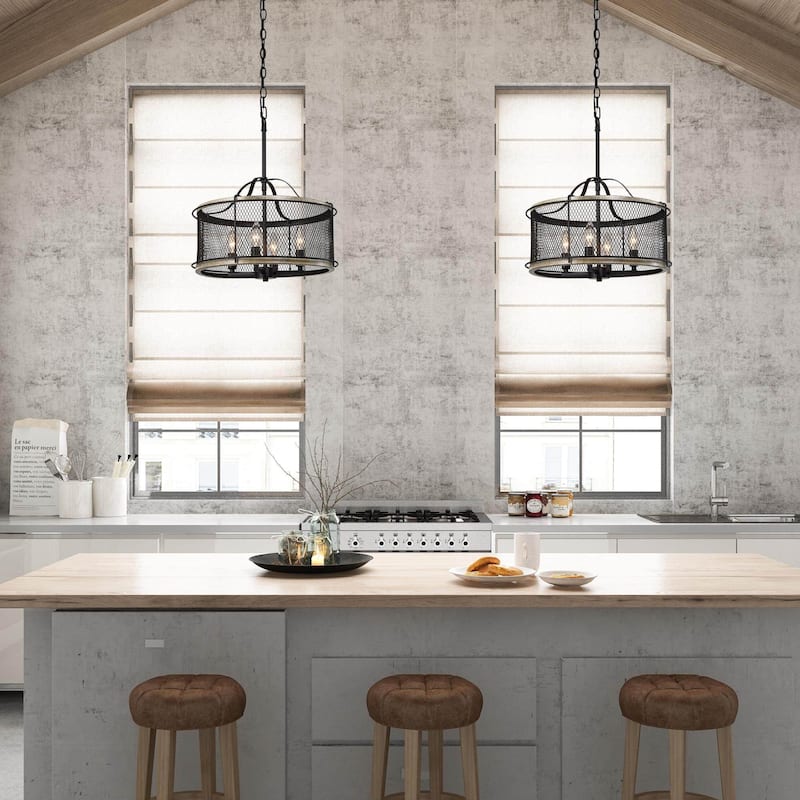 Modern Farmhouse 4-Light Drum Metal Cage Chandelier for Dining Room