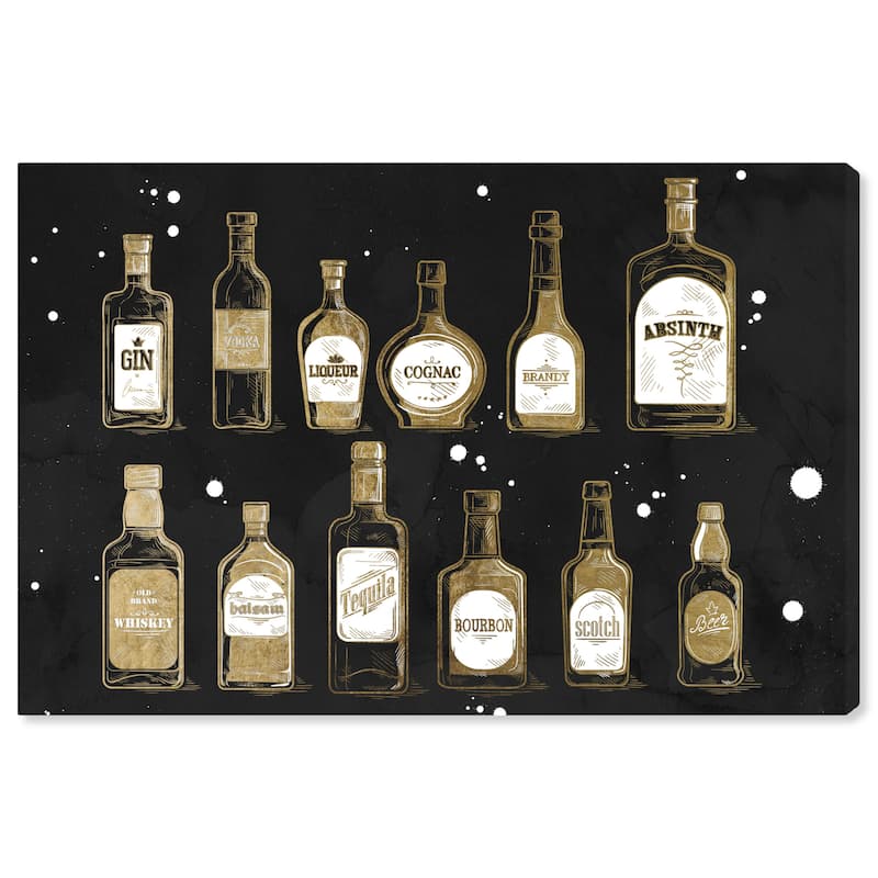 Wynwood Studio Canvas Drinks and Spirits Liquor Collection Black and Metallic Gold Glam Wall Art Canvas Print