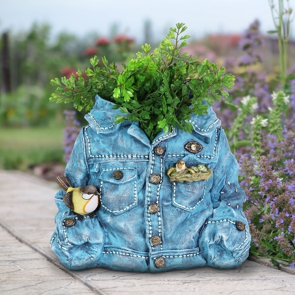 Exhart Hand Painted Blue Jean Jacket with Birds Resin Planter, 14.5 by ...