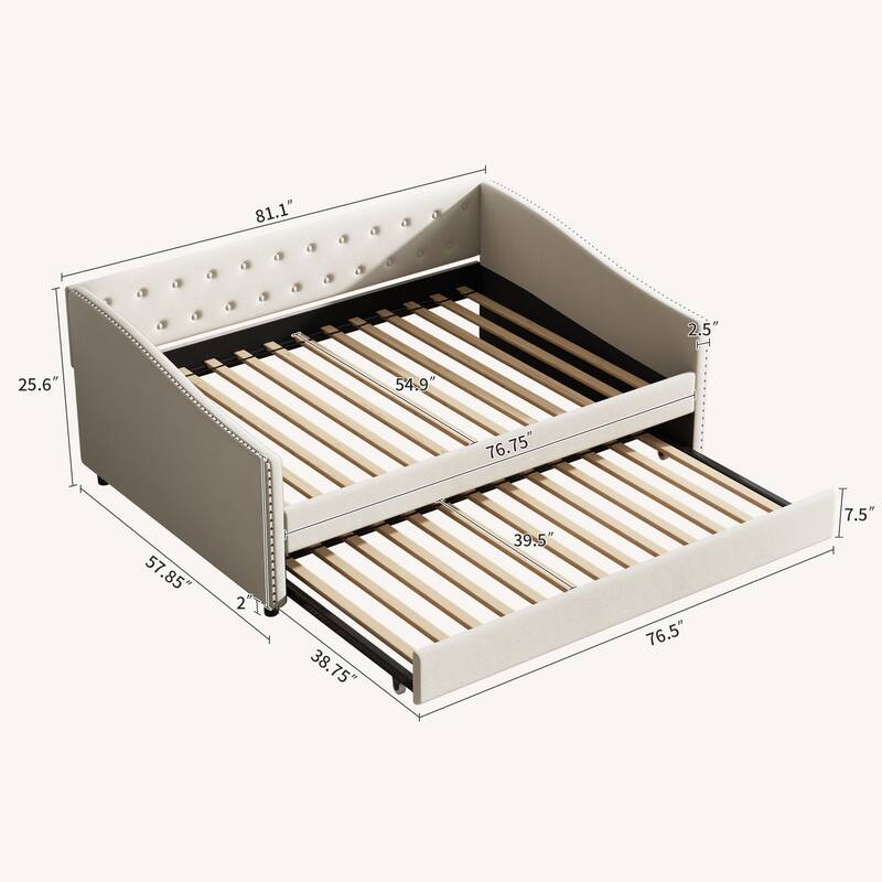 Linen Tufted Daybed with Trundle, Upholstered Platform Sofa Bed Frame, Wooden Slat Support