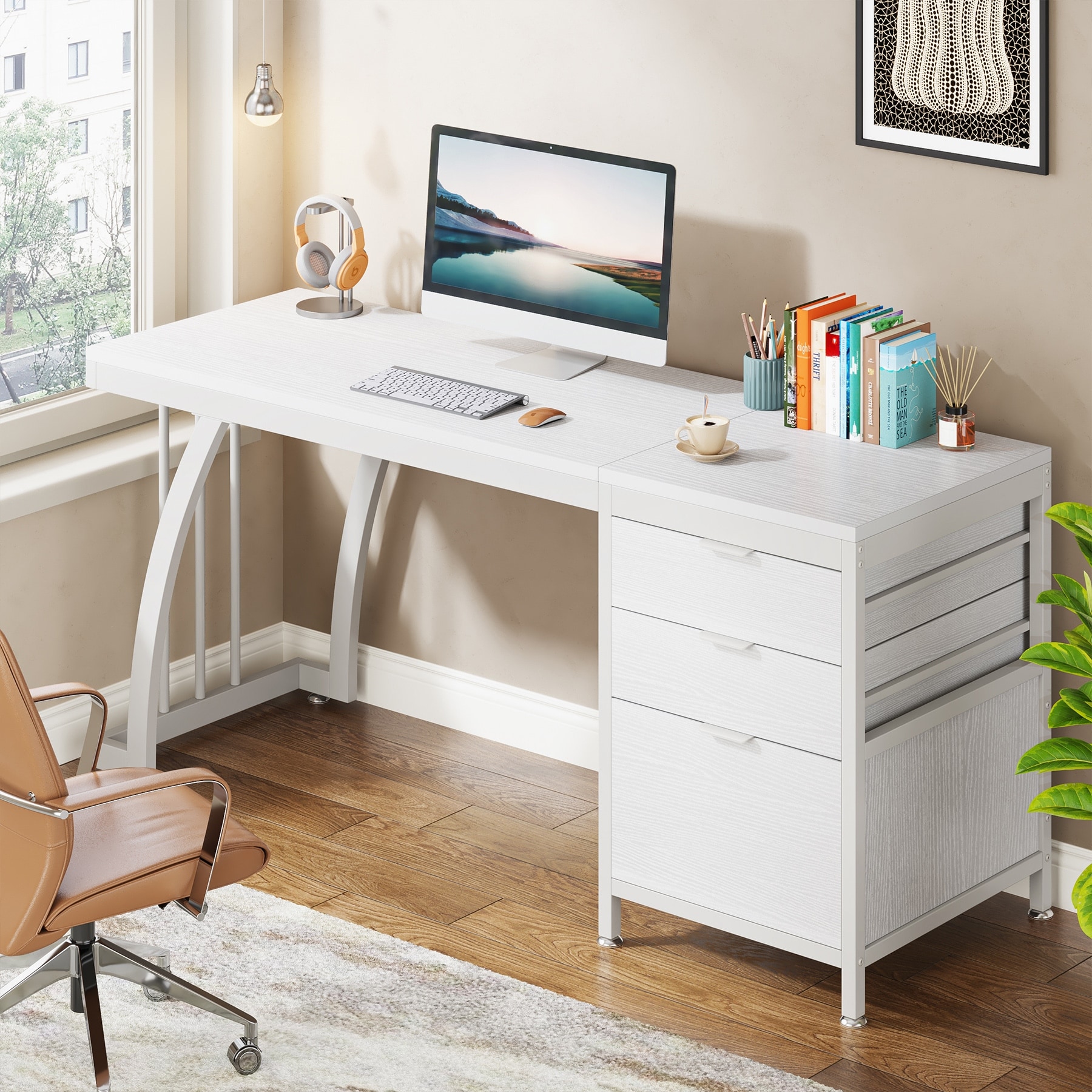 Large Computer Desk with Reversible Drawer Cabinet