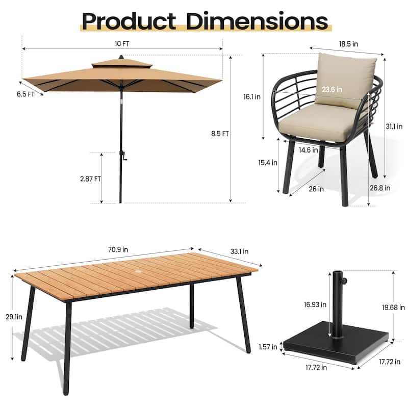 9PC Outdoor Patio Dining Set Aluminum Table with Sunbrella Cushion Chairs w/ Market Umbrella Sets