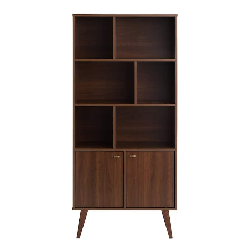 Prepac Milo Mid-Century Modern Bookcase with Six Shelves and Two Doors - 29 in. W x 62.25 in. H x 12 in. D