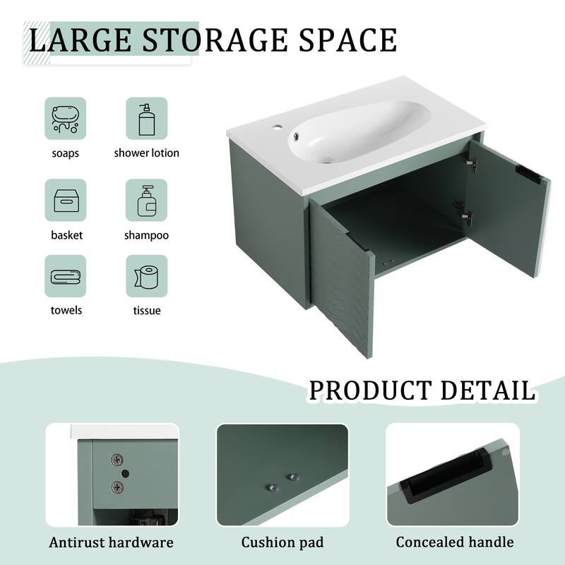 White Double-Door Wall-Mounted Vanity with Drop-Shaped Resin Sink, Soft-Close Hinges, and Hidden Metal Handles
