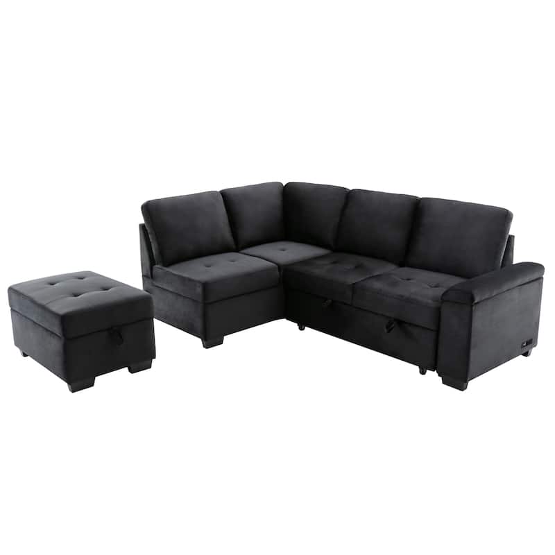 L-Shaped Sleeper Sofa Bed with USB Ports and Storage Ottoman - Perfect for Guests