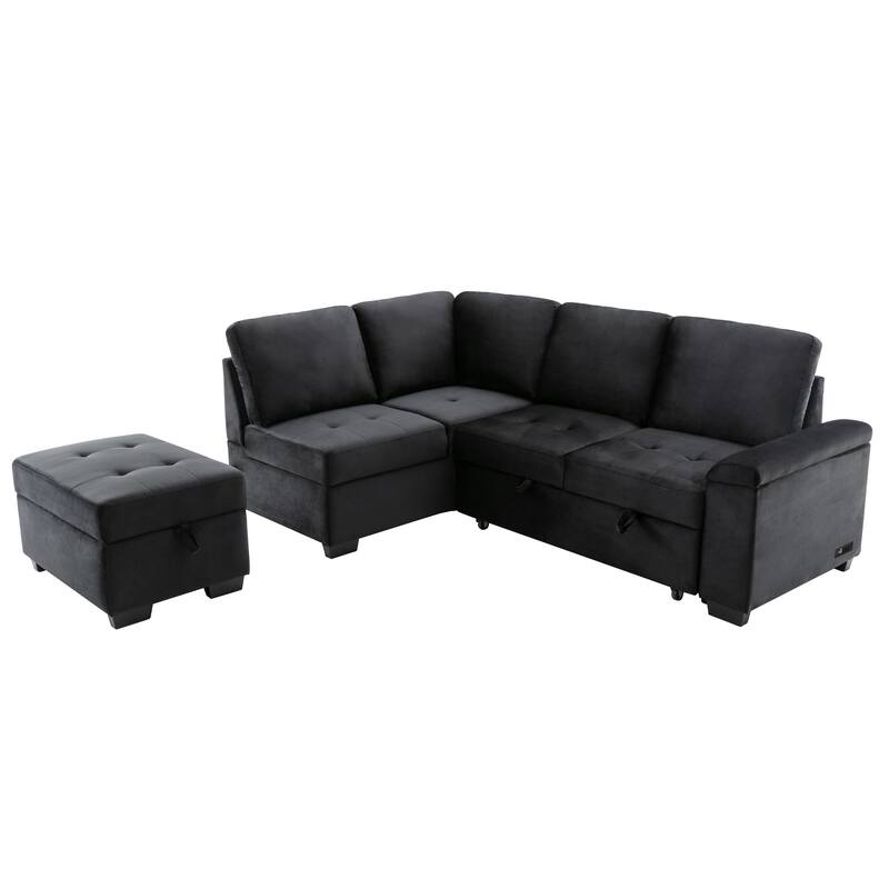Sleeper Sectional Sofa, L-Shape Corner Couch Sofa-Bed with Storage Ottoman & Hidden Arm Storage & USB Charge for Living Room Ap