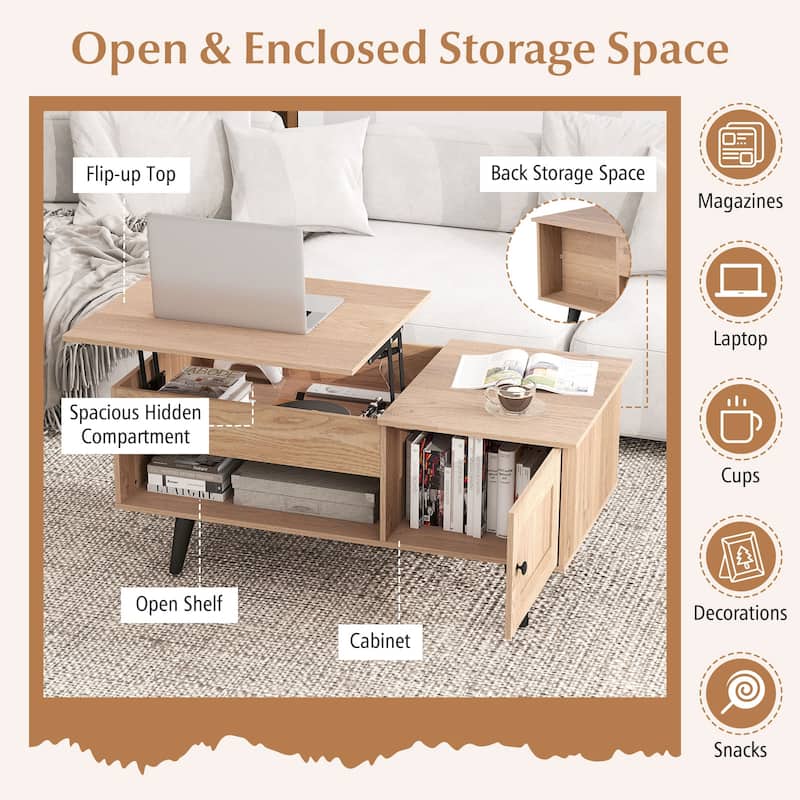 Open Shelf Coffee Table with Lift-Top Workstation and Hidden Storage Cabinet for Living Room - 39.5" x 19.5" x 18" (L x W x H)