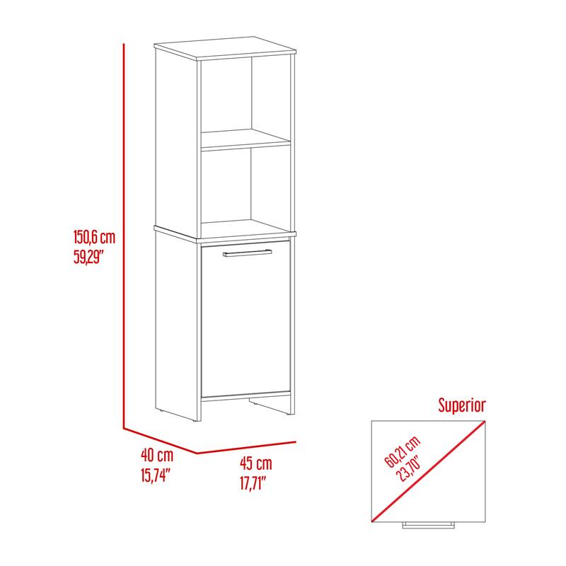 Kitchen Pantry 59" H, Two Open Storage Shelves, Single Door Cabinet, Two Interior Shelves, White