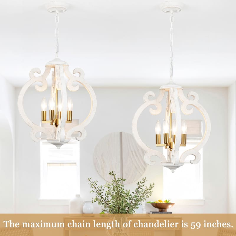 4-Light Antique Wood French Country Chandelier Vintage Pendant for Dining Room