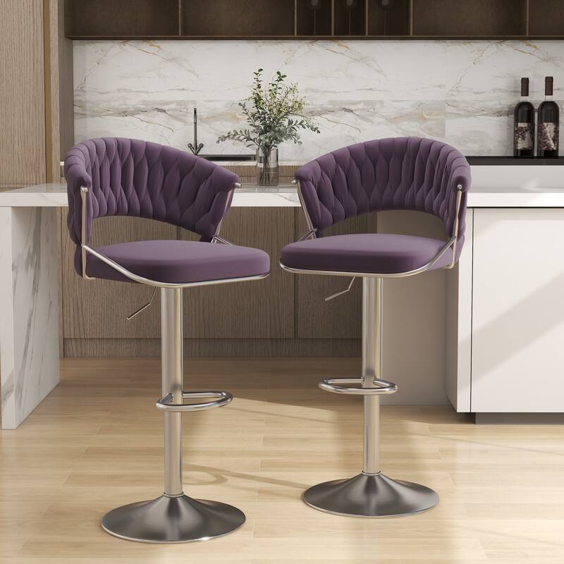 Set of 2 Modern Velvet Adjustable Bar Stools with Backs - Set of 2 - Purple Silver