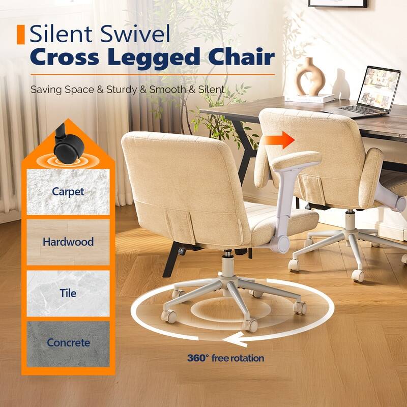Chenille Swivel Chair With Adjustable Flip-Up Arms For Cross-Legged