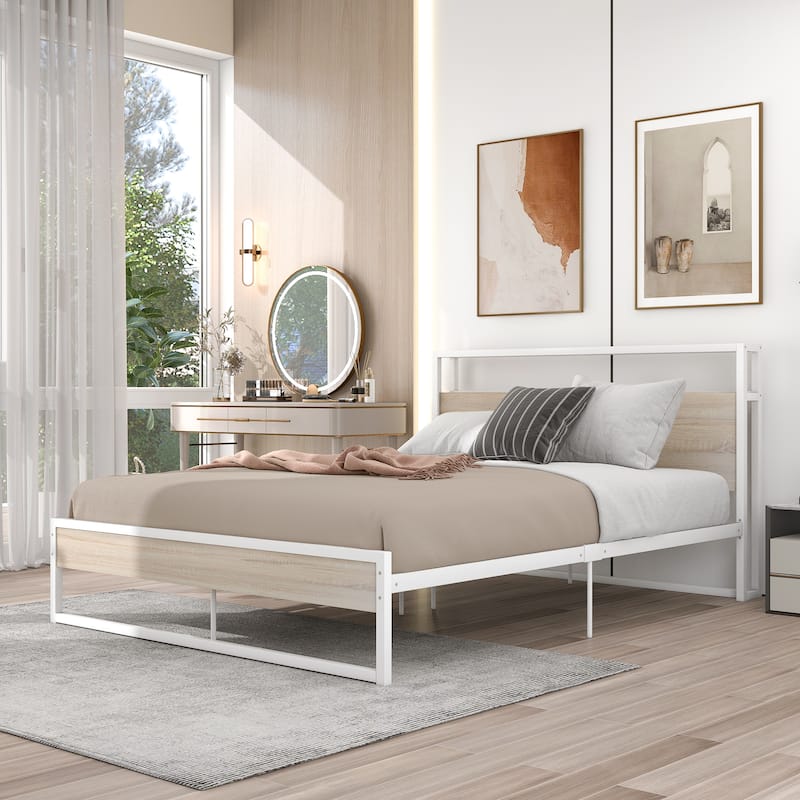 Queen Size Metal Platform Bed Frame with Sockets