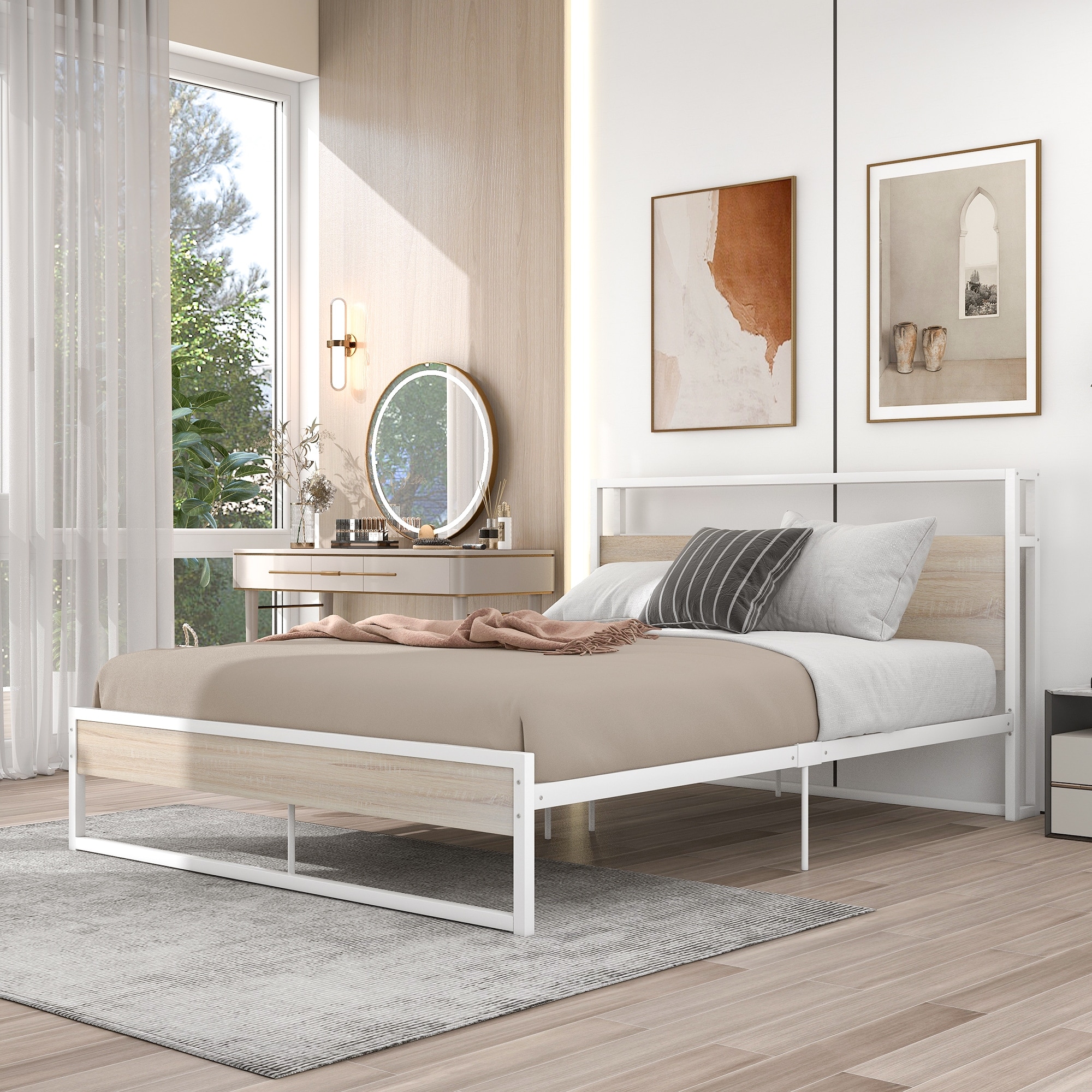 Queen Size Metal and Wood Platform Bed Frame with Sockets USB