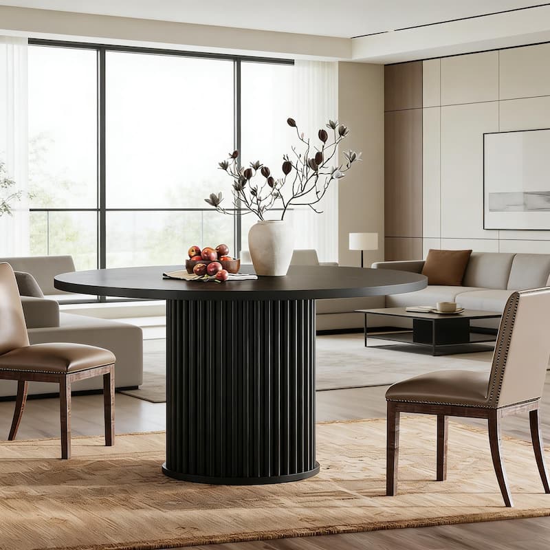 Round Dining Table with Fluted Base, Wood Kitchen Table, Home Office Table Meeting Table for 4-6 People