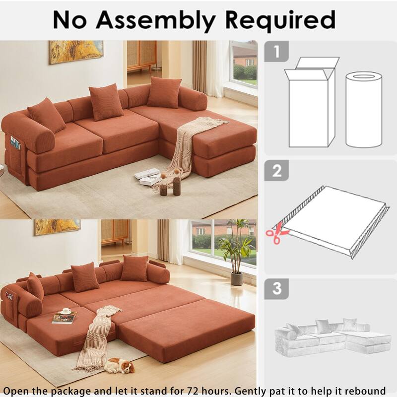 107" Orange Corduroy Modular Sectional Sofa Bed, 7-in-1, No Assembly