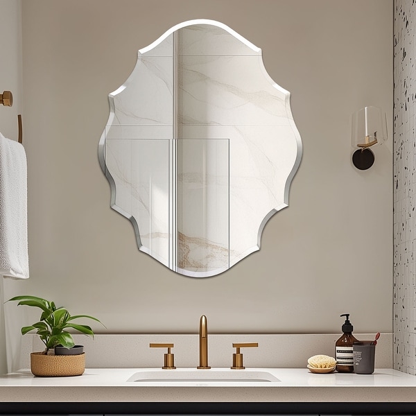 Beveled Frameless Wall Mirror Elegant Scalloped Bathroom