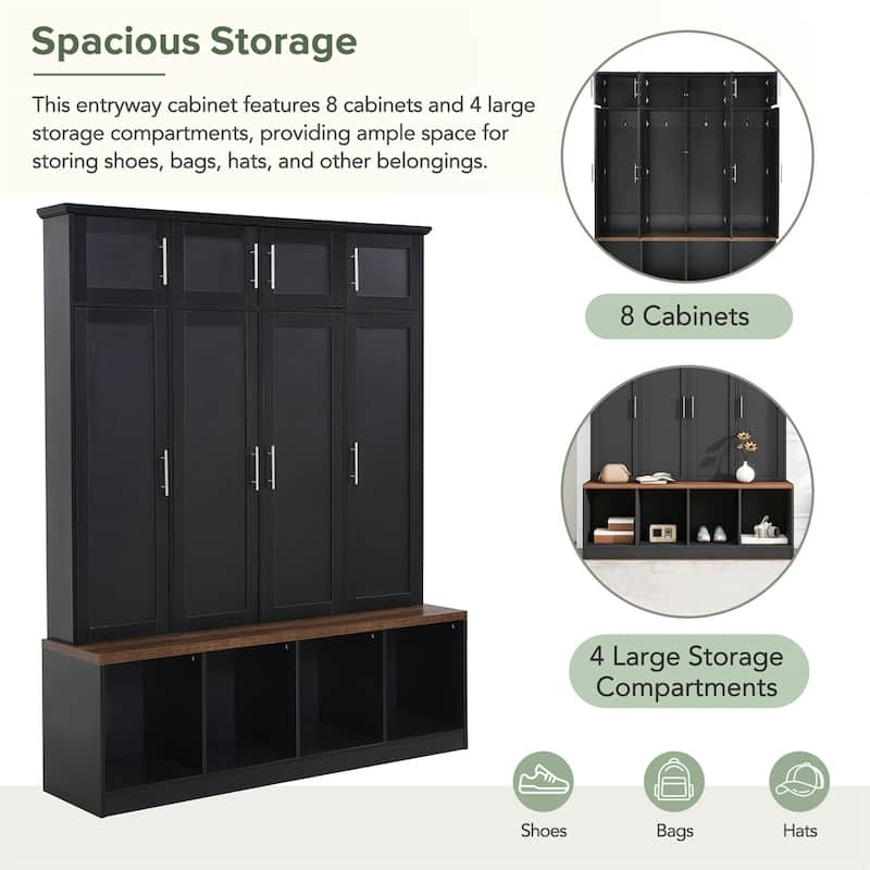 Multi-Functional Hall Tree w/4 Hidden Hanging Hooks,Wood Grain Bench