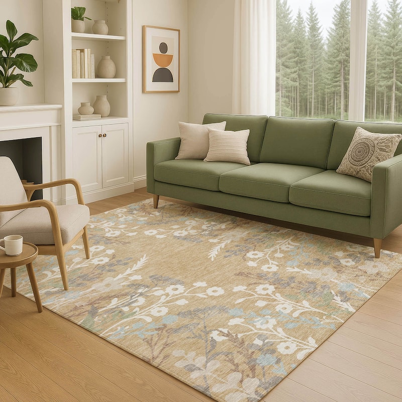 Machine Washable Indoor/ Outdoor Floral Border Chantille Rug