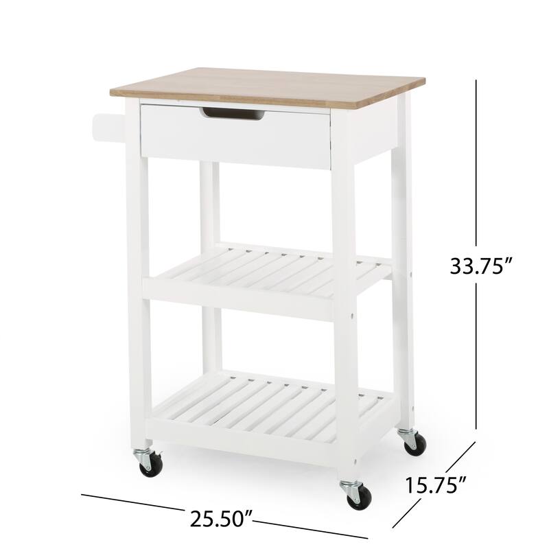 Contemporary Multifunctional Kitchen Cart with Rubberwood Top, Open Slat Shelving, Rolling Casters, Drawer and Towel Holder
