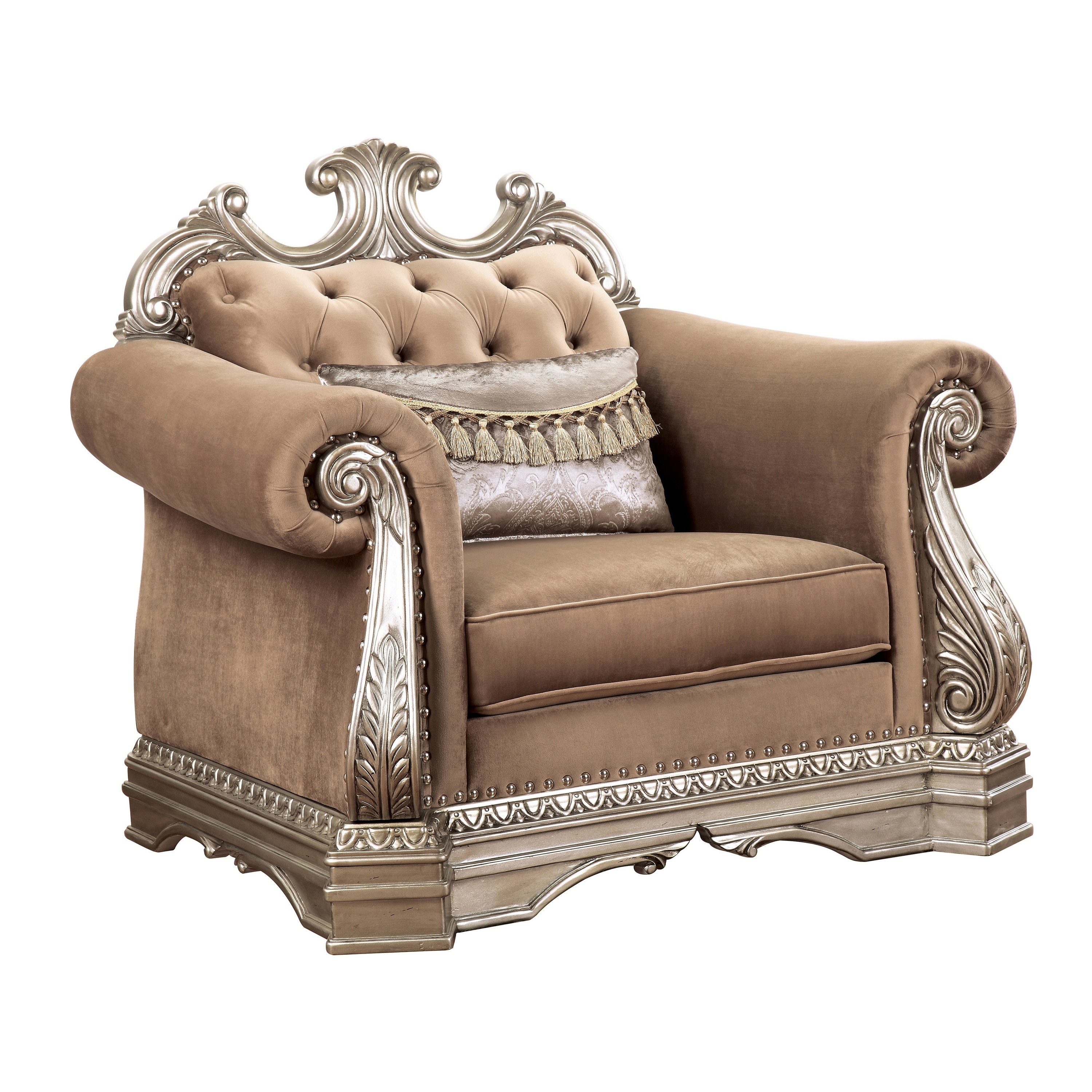 Keplinger Antique Silver Button-Tufted Accent Chair with Arched Back