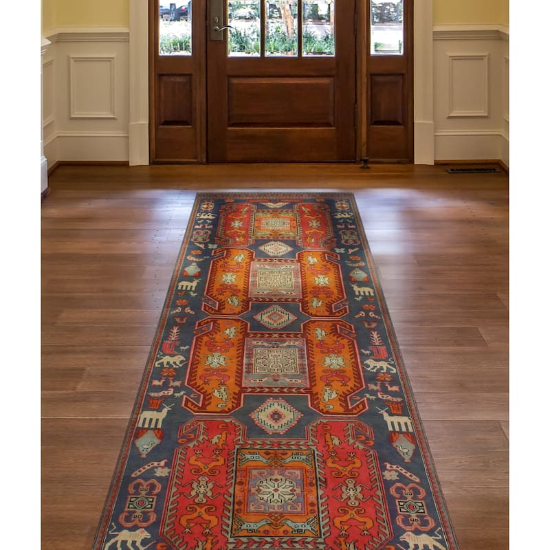 Fine Vintage Distressed Jamel Navy/Red Runner - 4'1" x 11'0"