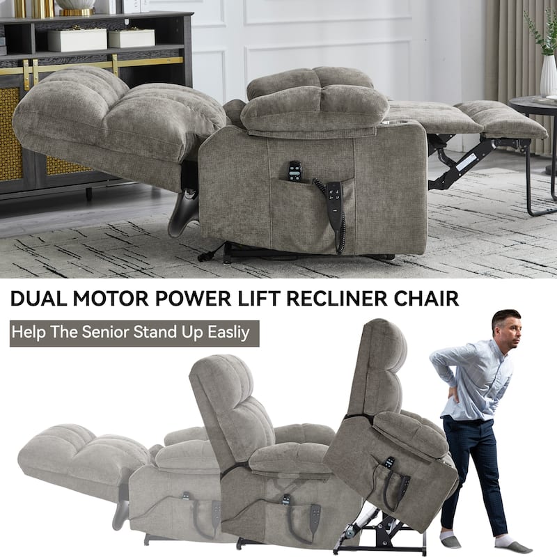 Dual Motor Chenille Power Lift Recliner Chair, Heavy Duty Motion Mechanism with Massage and Lumbar Heating, Dual Cup Holders